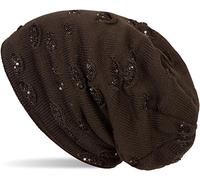 Strickmütze STYLEBREAKER "Feinstrick Beanie mit Pailletten im Destroyed Look", Damen, braun (dunkelbraun), 100% Polyacryl PAN., Modisch, Mützen Strickmütze (12528462-0) dunkelbraun