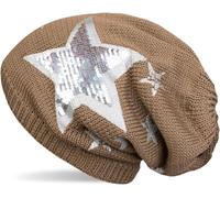 Strickmütze STYLEBREAKER "Strick Beanie mit Pailletten Stern Print", Damen, braun, 100% Viskose CV., Modisch, Mützen Strickmütze (71245401-0) braun