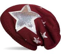 Strickmütze STYLEBREAKER "Strick Beanie mit Pailletten Stern Print", Damen, rot (bordeaux, rot), 100% Viskose CV., Modisch, Mützen Strickmütze (96658348-0) bordeaux, rot