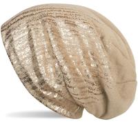 styleBREAKER warme Feinstrick Beanie Mütze mit Metallic Print und Fleece Innenfutter, Slouch Longbeanie, Unisex 04024132, Farbe:Beige/Rosegold