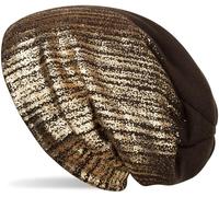 Strickmütze STYLEBREAKER "Feinstrick Beanie mit Metallic Print", Damen, braun (dunkelbraun, gold), 100% Polyacryl PAN., Modisch, Mützen Strickmütze (84524527-0) dunkelbraun, gold