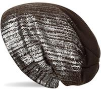 Strickmütze STYLEBREAKER "Feinstrick Beanie mit Metallic Print", Damen, braun (dunkelbraun, silber), 100% Polyacryl PAN., Modisch, Mützen Strickmütze (39731748-0) dunkelbraun, silber