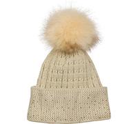styleBREAKER weiche Feinstrick Bommelmütze mit Strass und abnehmbarem Kunstfell Bommel, Fellbommel Mütze, Damen 04024133, Farbe:Beige