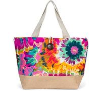 styleBREAKER XXL Strandtasche mit buntem Blumen Print | Große Schultertasche mit Knebelknopf, Stoffhenkel & Karabiner | Damen Shopper 56 x 36 x 18 cm, Farbe:Violett-Rot-Grün