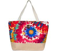 styleBREAKER XXL Strandtasche mit buntem Blumen Print | Große Schultertasche mit Knebelknopf, Stoffhenkel & Karabiner | Damen Shopper 56 x 36 x 18 cm, Farbe:Rot-Blau-Orange
