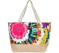 styleBREAKER XXL Strandtasche mit buntem Blumen Print | Große Schultertasche mit Knebelknopf, Stoffhenkel & Karabiner | Damen Shopper 56 x 36 x 18 cm, Farbe:Pink-Grün-Orange
