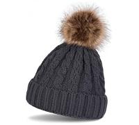 Bommelmütze STYLEBREAKER "Strickmütze mit Zopfmuster & Kunstfellbommel", Damen, grau (dunkelgrau), Obermaterial: 100% Polyacryl PAN., Modisch, Mützen (48931433-0) dunkelgrau