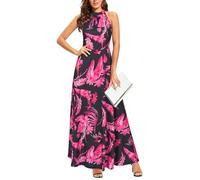 STYLEWORD Damen Neckholder Elegant Sommerkleid Ärmellos Blumenkleid Maxikleid Lange Strandkleid(Schwarz-rotes Blatt,S)