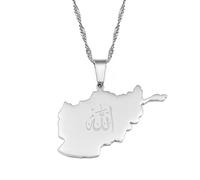 Stylish-Art Afghanistan Karte Anhänger Halsketten,Afghanische Karte Mit Allah Muster Amulett Halskette,Unisex Hip Hop Fashion Style Party Jubiläumsgeschenk,Silber,60Cm Kette