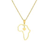 Stylish-Art Afrika Karte Anhänger Halsketten,Afrikanische Karte Mit Herzmuster Amulett Halskette,Unisex Hip Hop Fashion Style Party Jubiläumsgeschenk,Gold,45Cm Kette