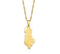 Stylish-Art Albanien Karte Anhänger Halsketten - Ethnisches Muster Flagge Region Albanien Karten Pullover Kette Charm Hip Hop Trendy Schmuck für Damen Herren Schlüsselbeinketten Halsketten,Gold,45cm