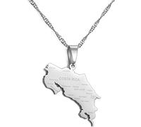 Stylish-Art Costa Rica Karte Anhänger Halsketten,Costa Rica Karte Mit Städtenamen Muster Amulett Halskette,Unisex Hip Hop Fashion Style Party Jubiläumsgeschenk,Silber,60Cm Kette