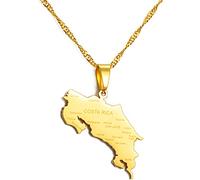 Stylish-Art Costa Rica Karte Anhänger Halsketten,Costa Rica Karte Mit Städtenamen Muster Amulett Halskette,Unisex Hip Hop Fashion Style Party Jubiläumsgeschenk,Gold,60 cm Kette