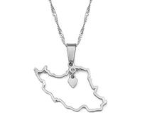 Stylish-Art Herz-Iran-Karte Mode-Anhänger Und Kettenhalsketten,Iranische Nationalität Für Damen Herren Karten Geometrie Schmuck Amulett Patriotische Ornamente,Silber,45 cm Kette