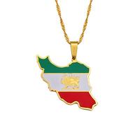 Stylish-Art Iran Mit Flaggenkarte Mode-Anhänger-Halsketten,Iran-Halsketten-Amulette Für Frauen Und Männer,Hip-Hop-Stil-Party-Jubiläumsgeschenke,Gold,45-cm-Kette
