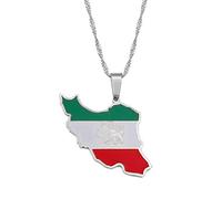 Stylish-Art Iran Mit Flaggenkarte Mode-Anhänger-Halsketten,Iran-Halsketten-Amulette Für Frauen Und Männer,Hip-Hop-Stil-Party-Jubiläumsgeschenke,Silber,60-cm-Kette