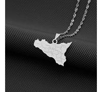 Stylish-Art Italien-Sizilien-Karte Halskette,Attraktiver Italien-Sizilien-Karte-Anhänger,Geometrischer Schmuck,Amulett Für Damen Und Herren,Patriotische Ornamente,Schmuck,Silber,60 cm Kette