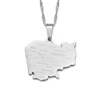 Stylish-Art Kambodscha-Karte,Halskette,Kambodscha-Karte,Anhänger,Geometrisches Schmuck-Amulett Für Damen Und Herren,Patriotische Ornamente,Schmuck,Silber,45 cm Kette