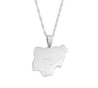 Stylish-Art Nigeria-Karten-Anhänger-Halsketten,Afrika-Nigerianer-Nation,Vintage-Patriotische Gegenstände,Muster,Karten-Anhänger,Ethnische Anniversar-Ornamente,Schmuck,Silber,60 cm Kette