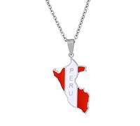 Stylish-Art Peru Karte Anhänger Halsketten - Ethnisches Muster Flagge Region Peru Karten Schlüsselbeinkette Halsketten Charm Hip Hop Patriotismus Schmuck für Damen Herren Pullover Kette,Silber,50 cm