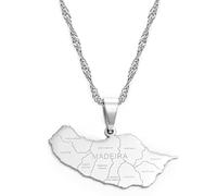 Stylish-Art Portugal Karte Halskette,Madeira Karte Anhänger Geometrisches Schmuck Amulett Für Damen Herren,Patriotische Ornamente Schmuck,Silber,45Cm Kette