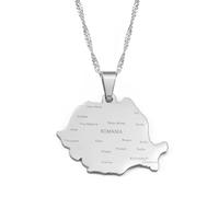 Stylish-Art Rumänien Karte & Stadtname Charm-Anhänger Und Kettenhalsketten,Rumänischer Nationalstaat Für Damen Herren Karten Geometrie Schmuck Amulett Patriotische Ornamente,Silber,60 cm Kette