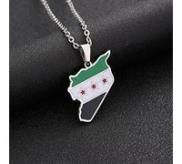 Stylish-Art Syrien Karte Anhänger Halsketten,Syrer Karte Mit Flaggenmuster Amulett Halskette,Unisex Hip Hop Fashion Style Party Jubiläumsgeschenk,Silber,60Cm Kette
