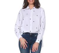 Sublevel Damen Langarm Bluse Loose Fit LSL-507 bestickte Hemdbluse mit Herzen Dark Blue Design 01 XL
