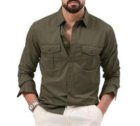SUCADA Langarm Hemd Herren Retro Einfarbig Verschleißfest Outdoorhemd Regular Fit Mit Taschen Safari Hemd Frühling Casual Hemd Herren B-Army Green XXL