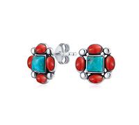 Südwestlicher Native American Stil Echte Edelstein Stabilisierter Türkis Roter Korallen Concho Western Stecker Ohrringe Für Frauen .925 Sterling Silber