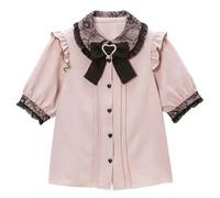 Süße Bogen Spitze Einfarbig Bluse Frauen Lolita Hemd 2023 Frühling Sommer Frau Top Japanischen Stil Nette Kurzarm Shirts