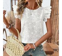 Süße Damenblusen für den Sommer, weiße Bluse mit Lochstickerei und kurzen Puffärmeln, Sommertops