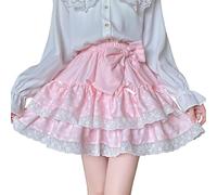 Süße Lolita Minirock für Frauen Bogen Kuchen Rock hohe Taille Kawaii Vintage geschichtete Spitze Party A-Linie Miniröcke (Rosa,Einheitsgröße)