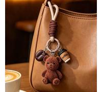 Süßer brauner Bär Schlüsselanhänger mit Kaffeetassen-Anhänger, japanischer Stil 3D Bär Schlüsselanhänger mit Kaffeebohnen-Anhänger, bohemischer gewebt