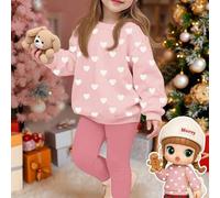 Süßer Herz-Muster, Mädchen Lässig bequemer weicher dicker warmer Rundhals Langarm Sweatshirt & Leggings Set, geeignet für Herbst/Winter Alltag & Zuhau
