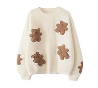 Süßer Teenager-Mädchen Pullover im Japanischen Stil, Kawaii-Bär-Aufnäher, Stickerei, Langärmelig, Lässige Tops