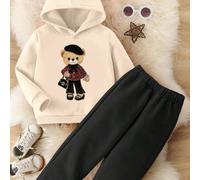 Süßes Cartoon-Bär-Karo-Muster Hoodie und Jogginghose Set für Kleine Mädchen, Herbst-Schule Schulanfang Mode, Winter Lässig Entspannt Bequemes Outfit