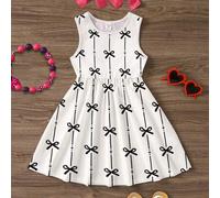 Süßes gestreiftes Schleifen-Muster Baby Mädchen lässiges Cartoon Grafik-Rundhals-Ärmelloses Midi-Kleid, geeignet für den Sommer