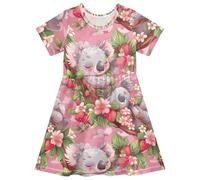 Süßes koala-rotes Erdbeer-Kleid, kurzärmeliges Kleid für Mädchen, A-Linie, Sommerkleid, Kleinkind-Kleidung für Mädchen, Süße Koala-rote Erdbeeren, 5-6 Jahre