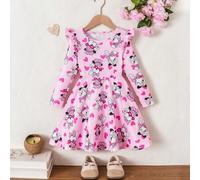 Süßes rosa Cartoon A-Linien Langarmkleid für Kleine Mädchen, Leoparden Muster rosa Volantärmel + Herz Muster Lässig Strickkleid, geeignet für Ausflüge