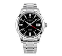 Sugess Herren SE446002 GMT Automatikuhr, NH34-Uhrwerk, gewölbtes Saphirglas, schwarzes Zifferblatt, 39,5 mm, Edelstahlarmband und Lederarmband
