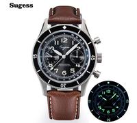 Sugess Pilotenuhr Handaufzug Chronograph Mechanische Armbanduhren Leuchtendes Skelett Herrenuhren Kristall Saphirleder Neu 2022 S423 SS Black BrownL