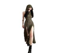 Suillty Damen Gothic Ärmelloses Kapuzenkleid Y2K Side Split Hollow Out Midi Kleid Bodycon Cocktail Party Club Kleider, Grün, Klein