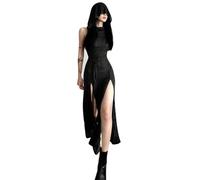 Suillty Damen Gothic Ärmelloses Kapuzenkleid Y2K Side Split Hollow Out Midi Kleid Bodycon Cocktail Party Club Kleider, Schwarz, Mittel