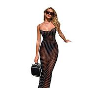 Suillty Damen-Maxikleid aus Netzstoff, durchsichtig, Spaghettiträger, lang, sexy, ärmellos, rückenfrei, Strand-Badeanzug, Vertuschung, Party, Club, Kleider, Schwarz, Small