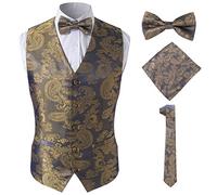SuiSional Formelle Anzugweste für Herren, geeignet für Business, Freizeit, Party, Hochzeit (4 Stück, Weste, Krawatte, Fliege, Einstecktuch), Gold, sv06, Small