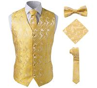 SuiSional Formelle Anzugweste für Herren, geeignet für Business, Freizeit, Party, Hochzeit (4 Stück, Weste, Krawatte, Fliege, Einstecktuch), Gelbgold, 4X-Large