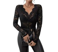 SUIUOI Damen Spitzen-Top - Elegantes Langarmshirt mit V-Ausschnitt, Wellenkante & Spitzenärmeln, Lässige Tunika-Bluse mit Blumenmuster