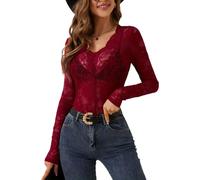 SUIUOI Damen Spitzen-Top - Elegantes Langarmshirt mit V-Ausschnitt, Wellenkante & Spitzenärmeln, Lässige Tunika-Bluse mit Blumenmuster
