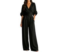 SUIUOI Jumpsuit Damen Sommer Elegant - Latzhose Sommer Overall Damen Elegant mit V-Ausschnitt, Halbarm & Weitem Bein, Taillierter Hosenanzug Damen Festlich für Hochzeit, Business & Freizeit